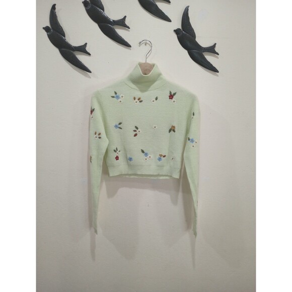 NWOT Zara Mint Green Wool Blend Floral Embroidered Mock Neck Sweater ~ L - Picture 6 of 12